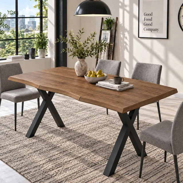 HAUSS SPOLE Eettafel - Golvende Tafelrand en X-Poten - Voor 4 tot 6 Personen in de Eetkamer - MDF en IJzer - 160x78x77 cm - Walnootkleur