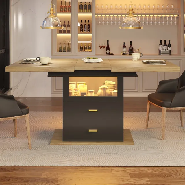Clruro Eettafel - 110-140 x 80 x 75 cm - Uitschuifbaar - LED en 2 Lades - MDF - Zwart/Houtlook