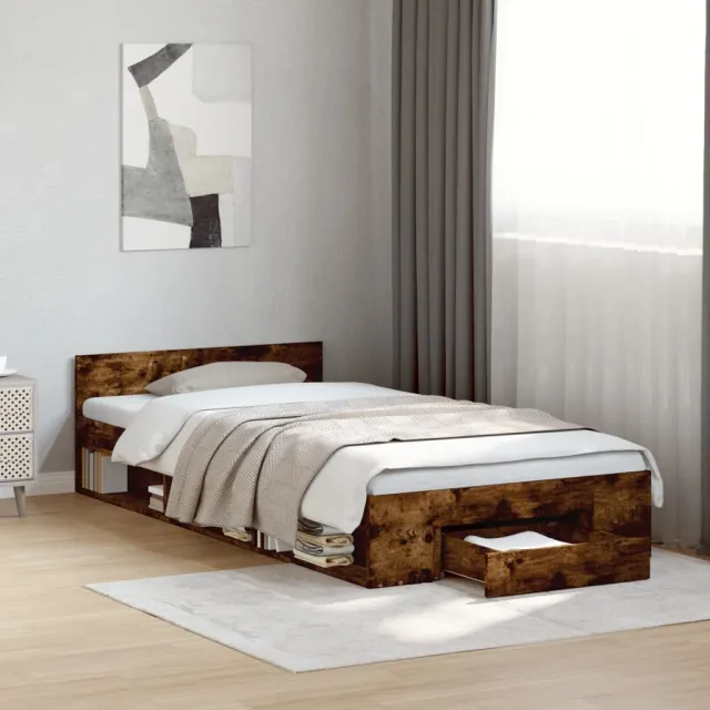 vidaXL Bedframe met lade bewerkt hout gerookt eikenkleurig 75x190 cm Bruin
