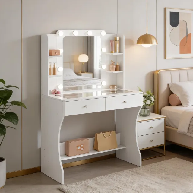 DESMIU Kaptafel Met Led Spiegellamp Glazen Tafelblad 80 X 135 X 38 Cm MDF Wit Voor Slaapkamer En Make Up Opbergruimte