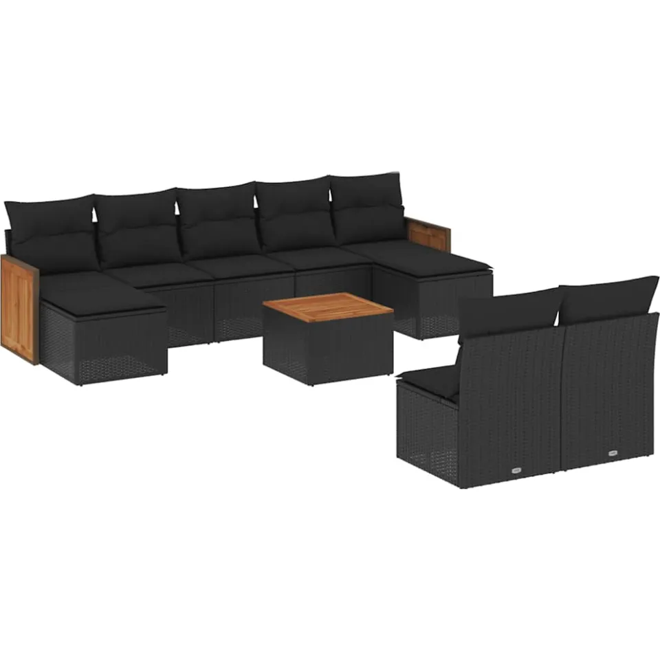 vidaXL 10-delige Loungeset met kussens poly rattan zwart, foto 3