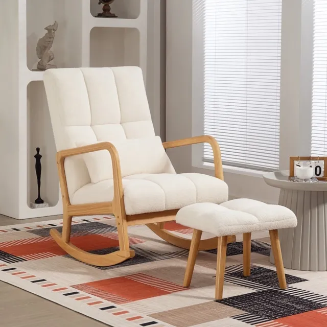 HAUSS SPOLE Schommelstoel - Fauteuil Met Hocker - Ergonomisch Met Hoge Rugleuning En Armleuningen - Voor Woonkamer En Slaapkamer - Hout En Stof Wit