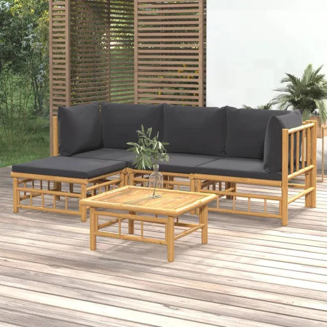 vidaXL 5-delige Loungeset met kussens bamboe donkergrijs bruin, foto 2