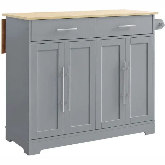 SoBuy Keukentrolley op wieltjes - Keukentrolley met werkblad en uitschuifbare zijkant - Keuken trolley op wielen met 4 paneeldeuren, 2 lades en handdoekhouder - Grijs licht eiken MDF | FKW129-HG Wit
