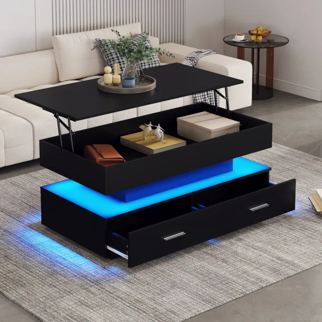 MODENUIT Salontafel - Hydraulisch Hoogteverstelbaar Met LED En 2 Lades - Voor Woonkamer - Zwart - 100x50x44 Cm