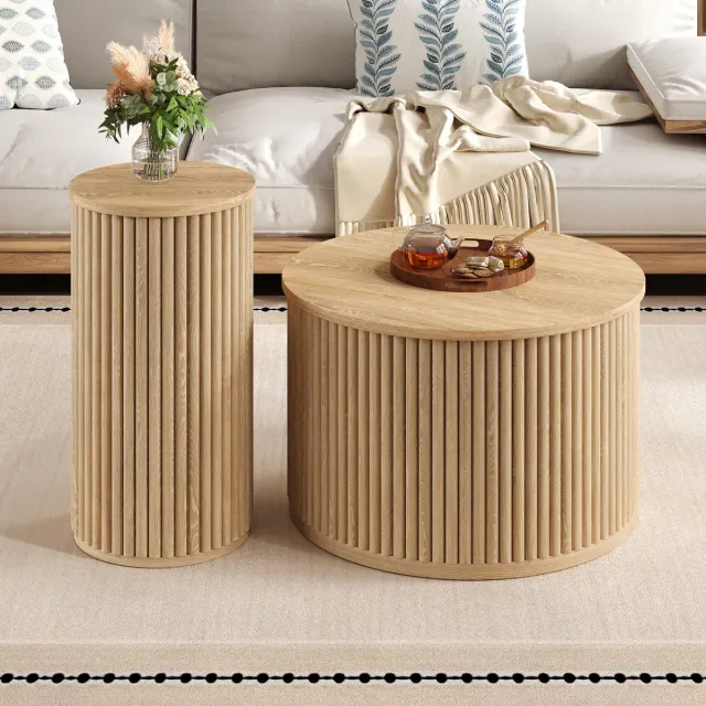 Wishdor Salontafelset - Dubbel Rond Ontwerp Met Verticale Strepen - Modern - Voor Woonkamer - MDF - Naturel - 60 x 60 x 38,5 cm + 30 x 30 x 56 cm Natuurlijk