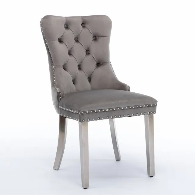 Merax Nikki Collection Eetkamerstoelen - Set van 2 - Luxe Fluwelen Stoelen met Hoge Rugleuning - Grijze Bekleding - Chroom Stalen Poten - Klassiek Design met Nagelstuds