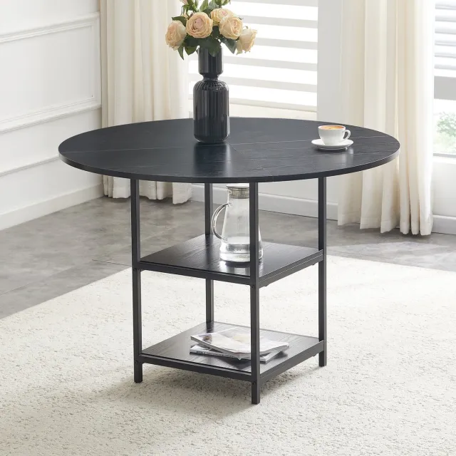 STILVORA Ronde Eettafel - Met Dubbele Opbergplank - Voor 2 Tot 4 Personen In Eetkamer - MDF En Metaal - 107x75 Cm - Zwart