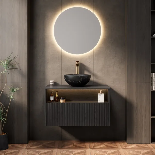 MIVRAY Badkamerkast 80 Cm Hangend Met Keramische Wastafel En Ledverlichting Modern Zwart Met Lade En Plank 80 X 46 X 60 8 Cm