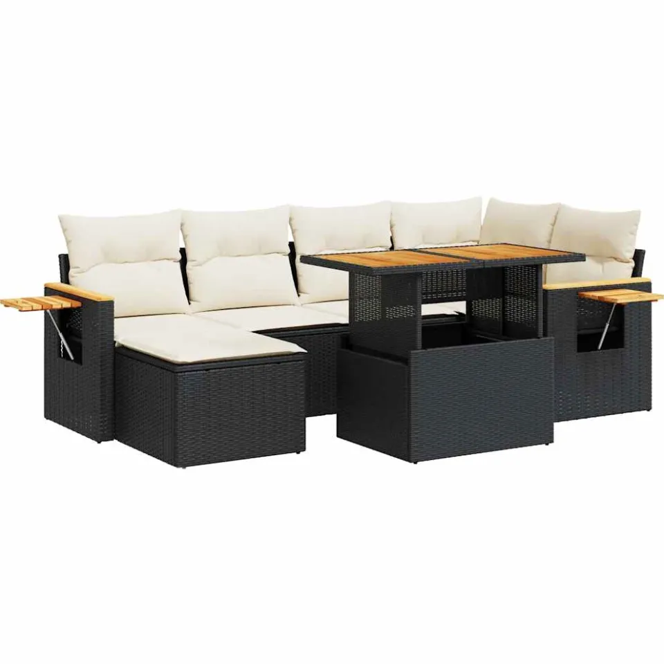 vidaXL 7-delige Loungeset met kussens poly rattan acacia zwart, foto 3