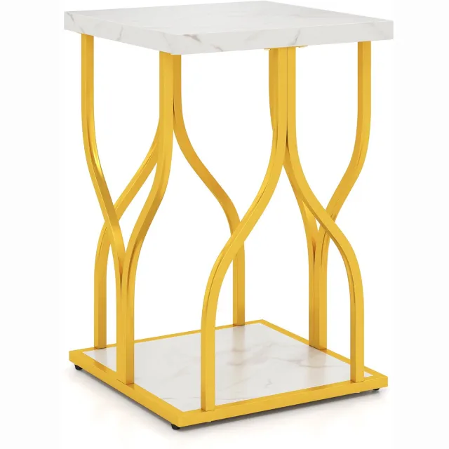 Costway Bijzettafel met 2 Niveaus met Marmerlook Blad, Moderne Nachtkastje met Goudkleurig Metalen Frame Wit & Goud