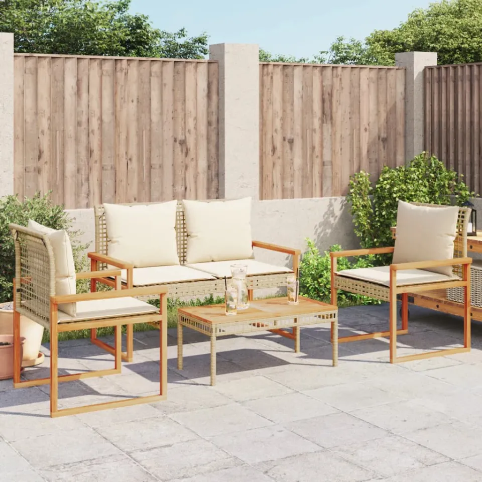 vidaXL 4-delige Loungeset met kussens poly rattan gemengd beige, foto 2
