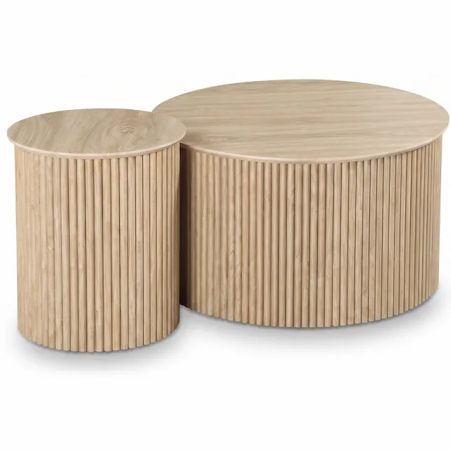 SensaHome Japandi Salontafel Set – 2 Ronde Bijzettafels met Geribbelde Voet – Ø74x41 cm en Ø40x46 cm – Eiken