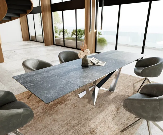 DELIFE Eetkamertafel Edge keramiek Laminam®Nero Greco grijs 200-300x100 spider vlak staal RVS uitschuifbaar Nero Greco Anthrazit