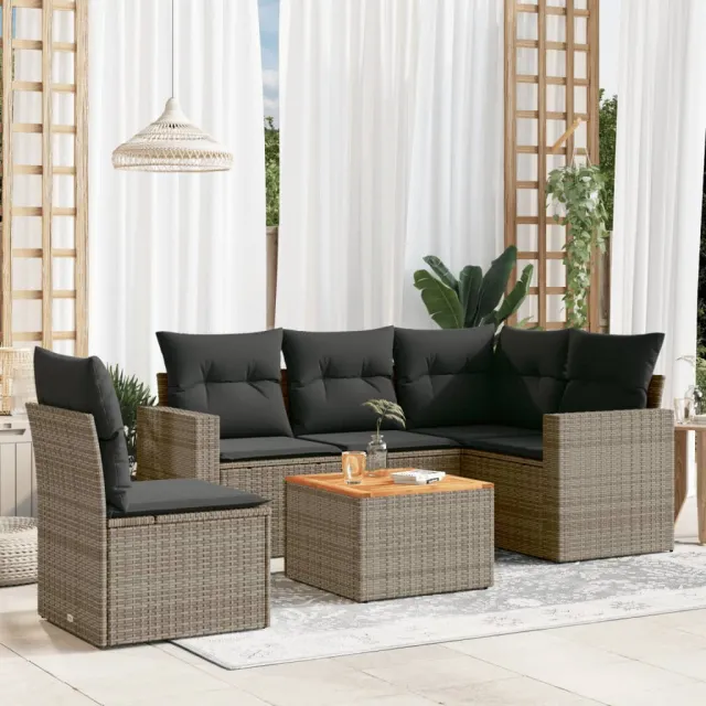 vidaXL 6-delige Loungeset met kussens poly rattan grijs, foto 2