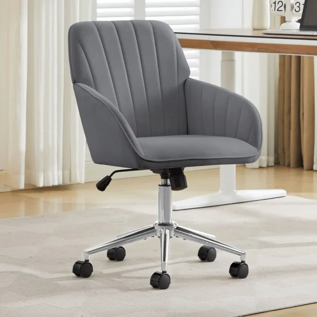 Wishdor Verstelbare bureaustoel - Grijs velvet draaibaar met wielen - Ergonomische rugleuning en armleuningen - Voor kantoor slaapkamer thuis - 60 x 60 x 97 cm
