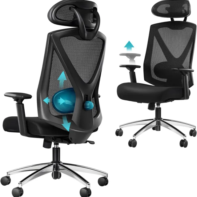HILINSIE Ergonomische Bureaustoel, Bureaustoelen voor Volwassenen,Ademend Mesh,met Verstelbare Lendensteun, Hoofdsteun en Armleuningen, Rugbescherming, Maximaal Draagvermogen 150 kg, Zwart