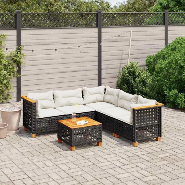 vidaXL 6-delige Loungeset met kussens poly rattan zwart, foto 2