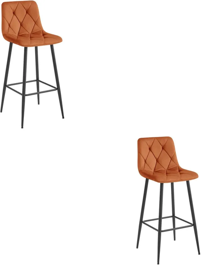LEOBERT Set van 2 Barkrukken NADO – Koperkleurig Velvet / Fluweel – Gestoffeerde Barstoelen met Rugleuning en Voetsteun – Zwarte Metalen Poten – Modern Design – Voor Keukeneiland, Keuken, Bartafel en Thuisbar