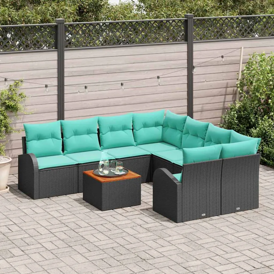 vidaXL Tuinbankenset 9 st Zwart en Turquoise poly rattan, foto 3