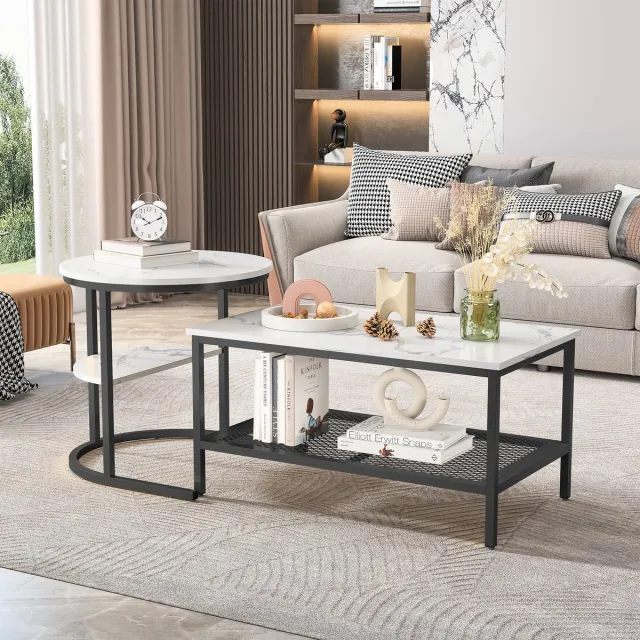 Solvenrik Nesttafels Set van 2 – Salontafel en Bijzettafel Set – Met Metalen Frame en Opbergruimte – Marmerlook Tafelblad – Modern Design zwart