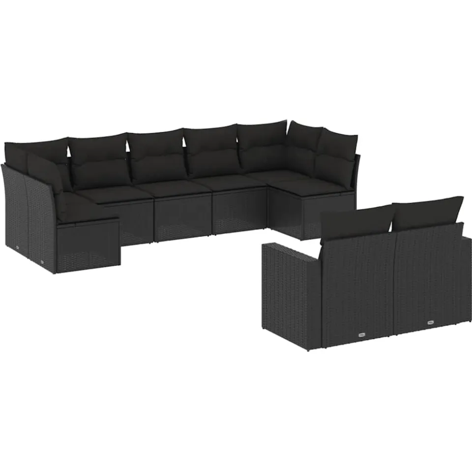 vidaXL 9-delige Loungeset met kussens poly rattan zwart