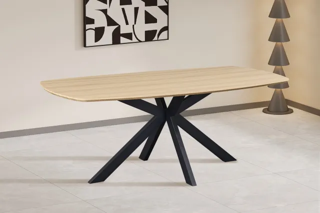 Rousseau Aziz Deens Ovale Eettafel – 200 x 100 cm – Naturel Eikenlook – Zwarte Metalen Matrixpoot licht bruin