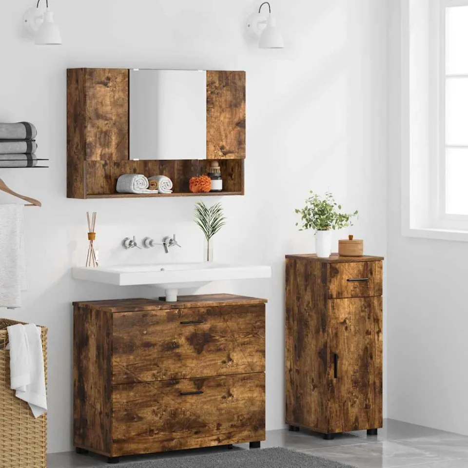 vidaXL Badkamermeubelset 3 st Gerookt eiken Geperst Hout en Metaal, foto 3