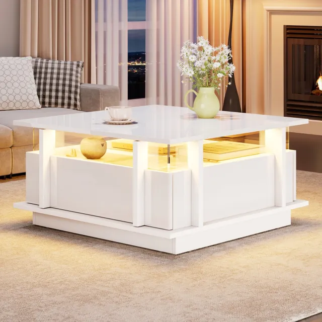 Wishdor Salontafel - Hoogglans Met 2 Laden En Ledverlichting - Modern - Voor Kleine Ruimtes - Spaanplaat - Wit - 70 X 70 X 35 Cm