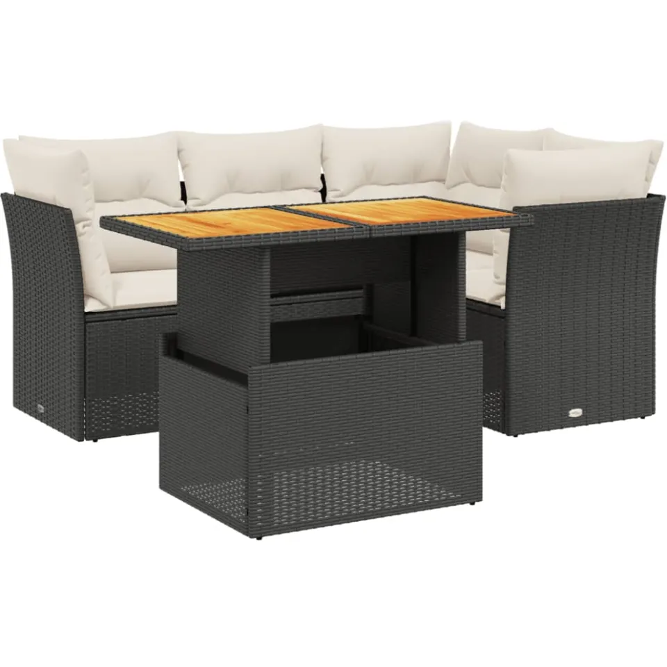 vidaXL 5-delige Loungeset met kussens poly rattan zwart