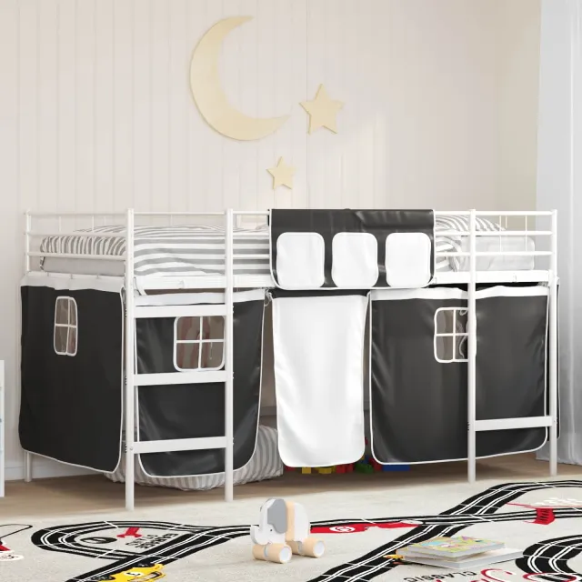 vidaXL Bunkbed voor kinderen met gordijnen Wit en zwart 90 x 200 cm
