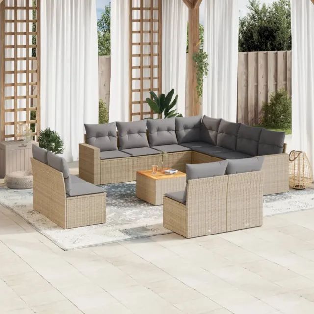 vidaXL 12-delige Loungeset met kussens poly rattan gemengd beige, foto 2