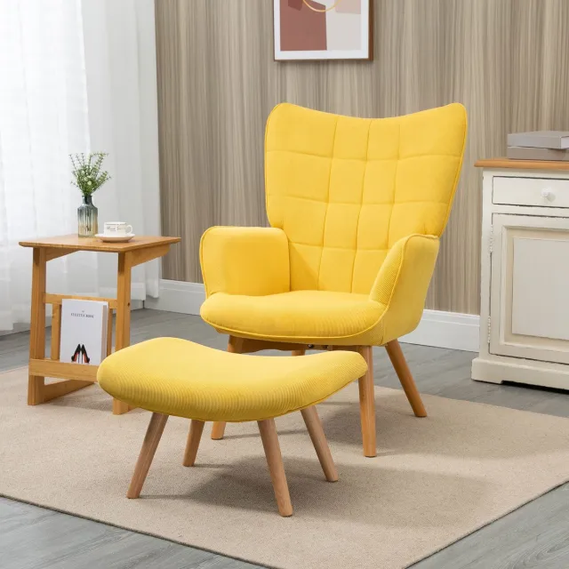 REDOM Fauteuil met hocker - Oorvormige hoge rugleuning - Vaste houten poten en stalen frame - Gestikt patroon - Woonkamer - Polyester - Geel - 72 x 80 x 101 cm