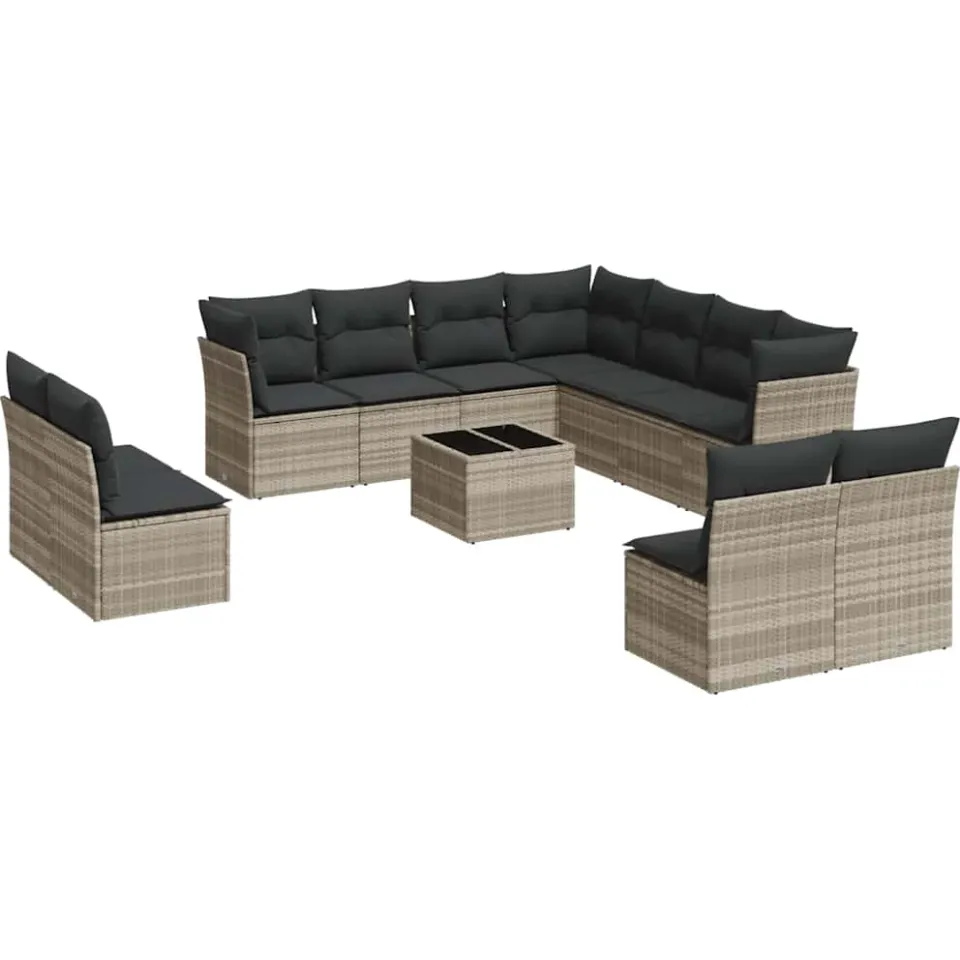 vidaXL 12-delige Loungeset met kussens poly rattan lichtgrijs