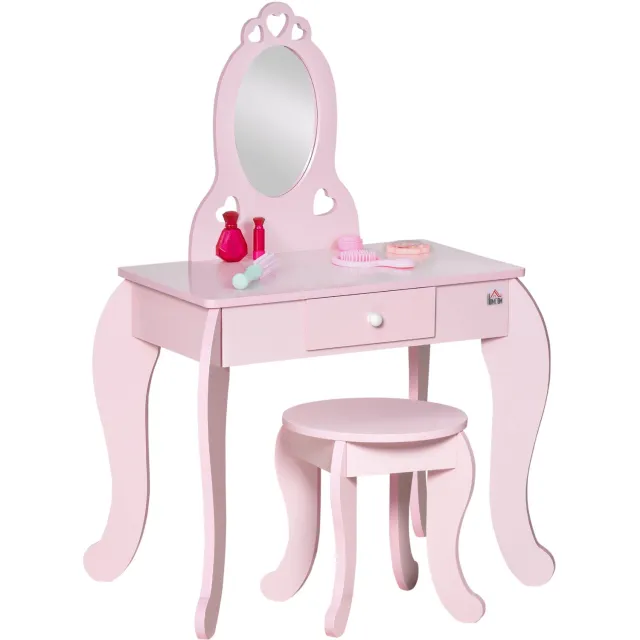 Klarven Kinderkaptafel Roze - Kaptafel met Kruk - Make-uptafel Kinderen - Kids Dressing Table - Met Spiegel en Lade - Hartjes Patroon