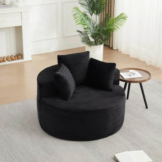 HAUSS SPOLE Fauteuil - Ronde Loungestoel - Met 3 Sierkussens En Brede Armleuningen - Voor Woonkamer En Slaapkamer - Zwart Ribfluweel