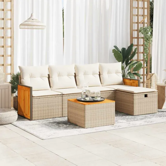 vidaXL 6-delige Loungeset met kussens poly rattan beige, foto 2