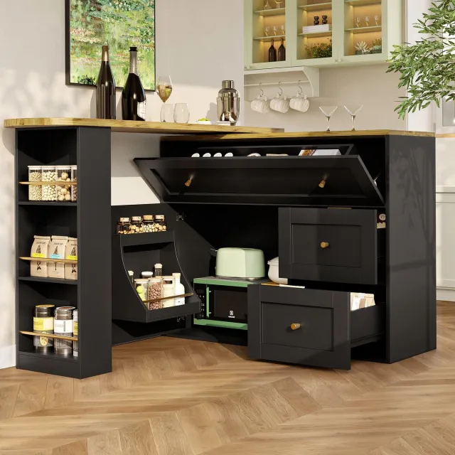 STILVORA Dressoir Bartafel – Uittrekbare Bartafel Met Snackrek En 2 Klapladen – 360 Graden Draaischijf – MDF – 138-204x39x105 cm – Zwart