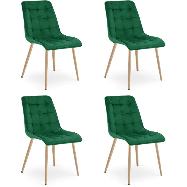 Oskar Set van 4 Eetkamerstoelen SPLIT – Groen Velvet / Fluweel – Gestoffeerde Zitting – Metalen Poten in Eikenlook – Modern Design – Voor Eetkamer en Keuken