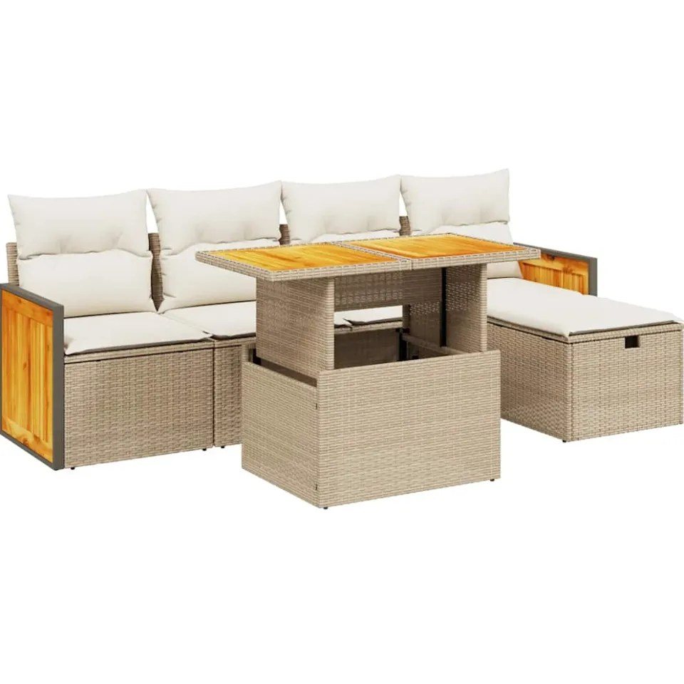 vidaXL 6-delige Loungeset met kussens poly rattan beige, foto 3