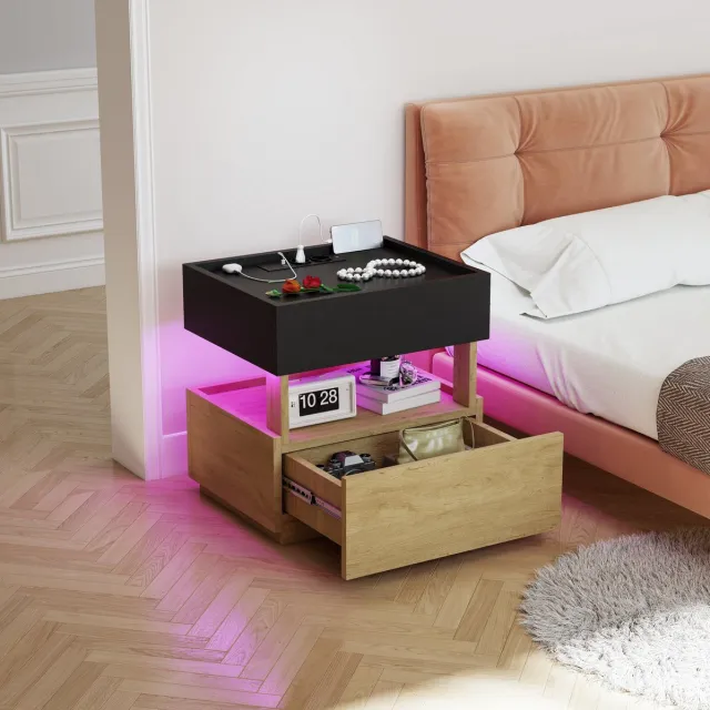 STILVORA Nachtkastje - Met Draadloos Laden, USB En LED-Verlichting - Met 2 Lades Voor Slaapkamer Of Naast Sofa - Hout - 50x40x50 Cm - Zwart;Natuurlijk Naturel