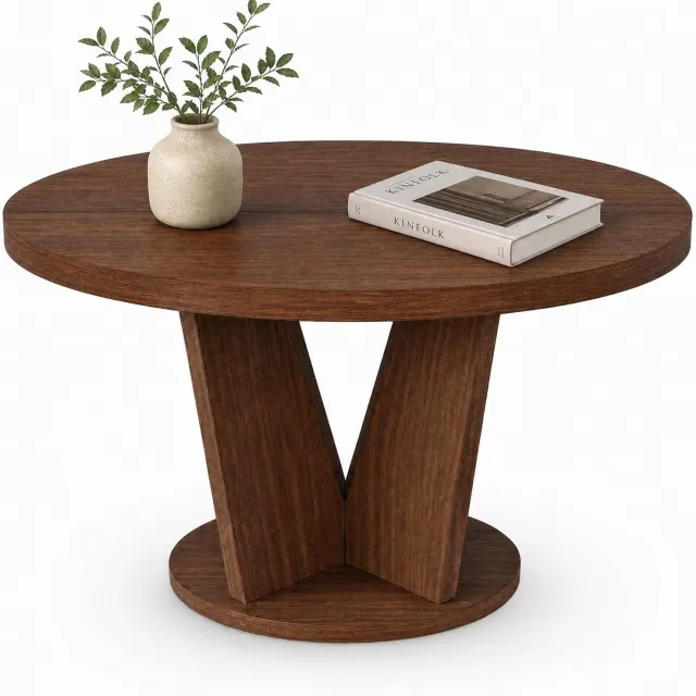 HOERFURIY Ronde houten salontafel - Stevige V-vormige poten - 80×80×45 cm - Minimalistisch - Mid-Century-stijl – Ronde eettafel - Walnootkleurig