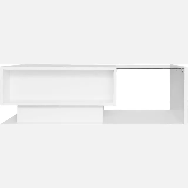 MODFU Hoogglans witte salontafel 100x50x32 cm met glazen blad, 1 lade, krasbestendig en LED-verlichting