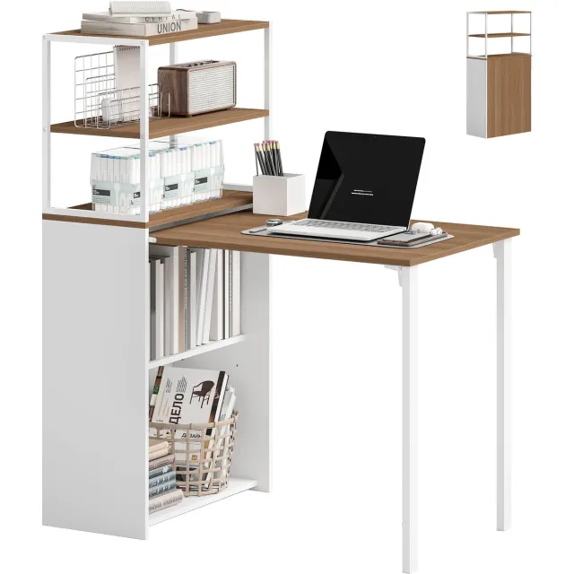 Homcom Desk with Shelves-Spaanplaat, Staal-105L x 60B x 127H cm-Natuurhout