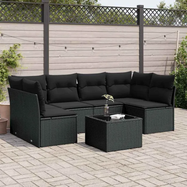 vidaXL 7-delige Loungeset met kussens poly rattan zwart