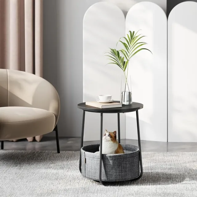 Bobbel Home Kleine ronde salontafel, bijzettafel met stoffen mand, opbergruimte, voor woonkamer, slaapkamer, nachtkastje, moderne stijl, boszwart en leigrijs