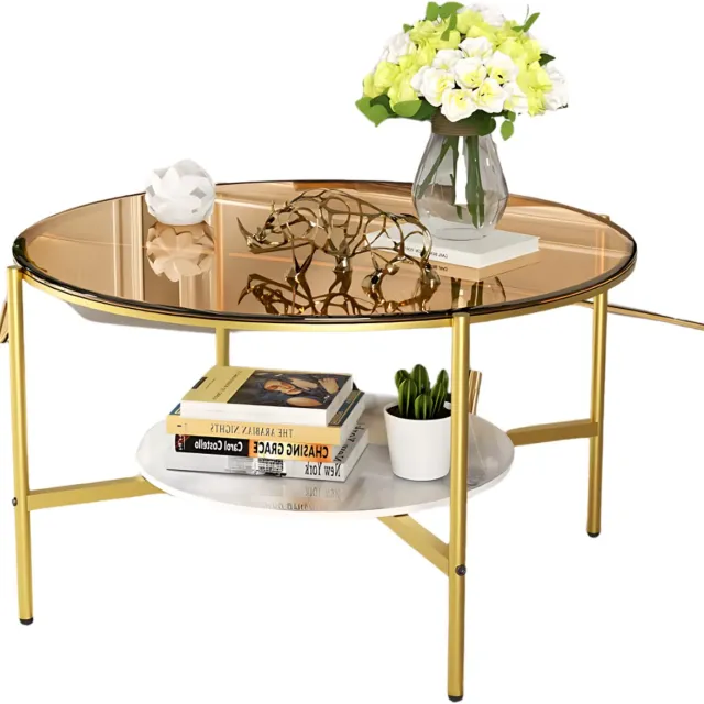 Happiq Salontafel Mira - 2-Lagen Glazen Design - Goud - Glanzend Tafelblad & Leistenen Onderplank - Moderne Luxe Thee- & Bijzettafel voor Woonkamer Bruin