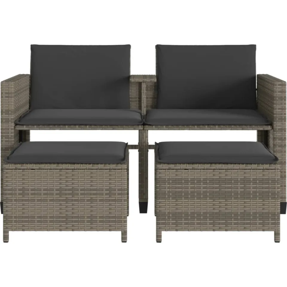 vidaXL Tuinbank 2-zits met tafel en voetenbanken poly rattan grijs, foto 4