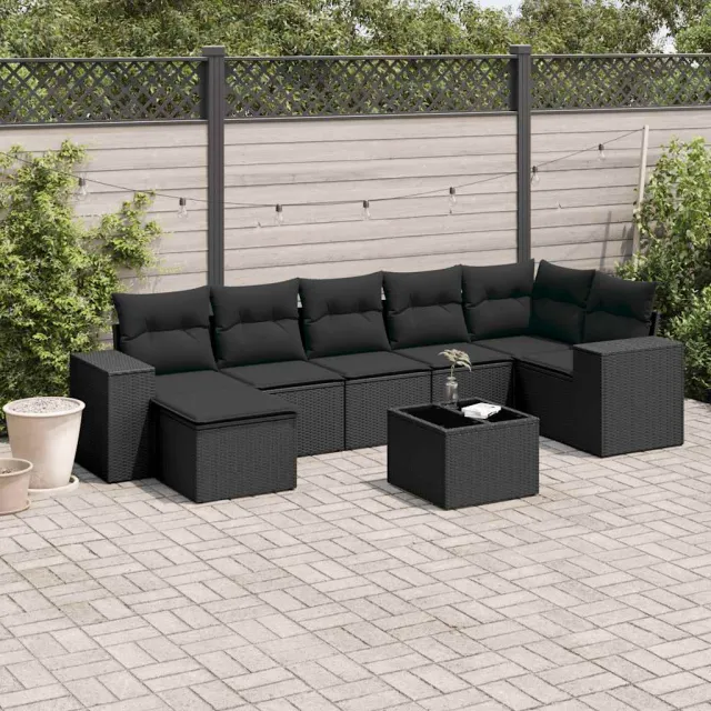 vidaXL 8-delige Loungeset met kussens poly rattan zwart, foto 2