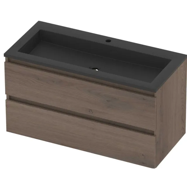 Basic-Line Aura 46 Badmeubelset Acryl 1 Kraangat Greeploos 100x46x54 cm Dusk Oak Mat Zwart